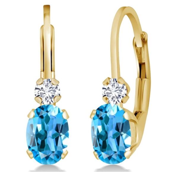 14K Yellow Gold with 1.07 Cttw Swiss Blue Topaz and Diamond Leverback Earrings - Picture 1 of 4